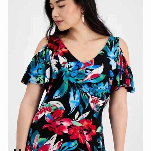 Connected Petite Dark Floral Tropical Cold-Shoulder Maxi Dress Size 6 Petite - Picture 10 of 10